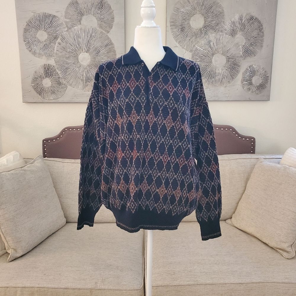 Brandini Italy Retro Sweater Long Sleeve 1/4 Button Collar Black Geometric Sz XL